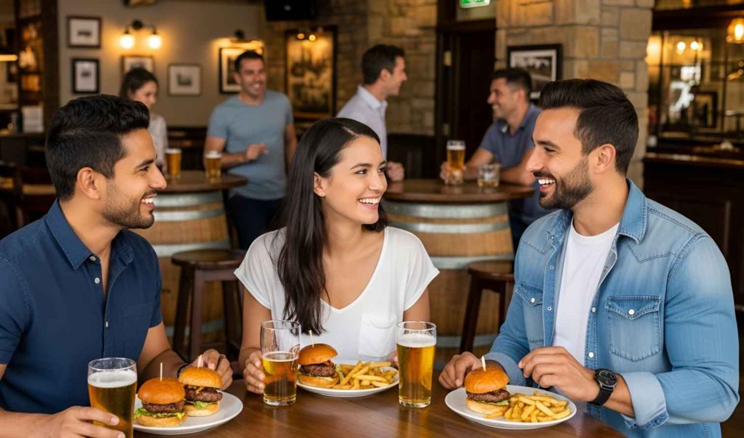 Three people sitting at a table with burgers and beers in a pub in Brisbane