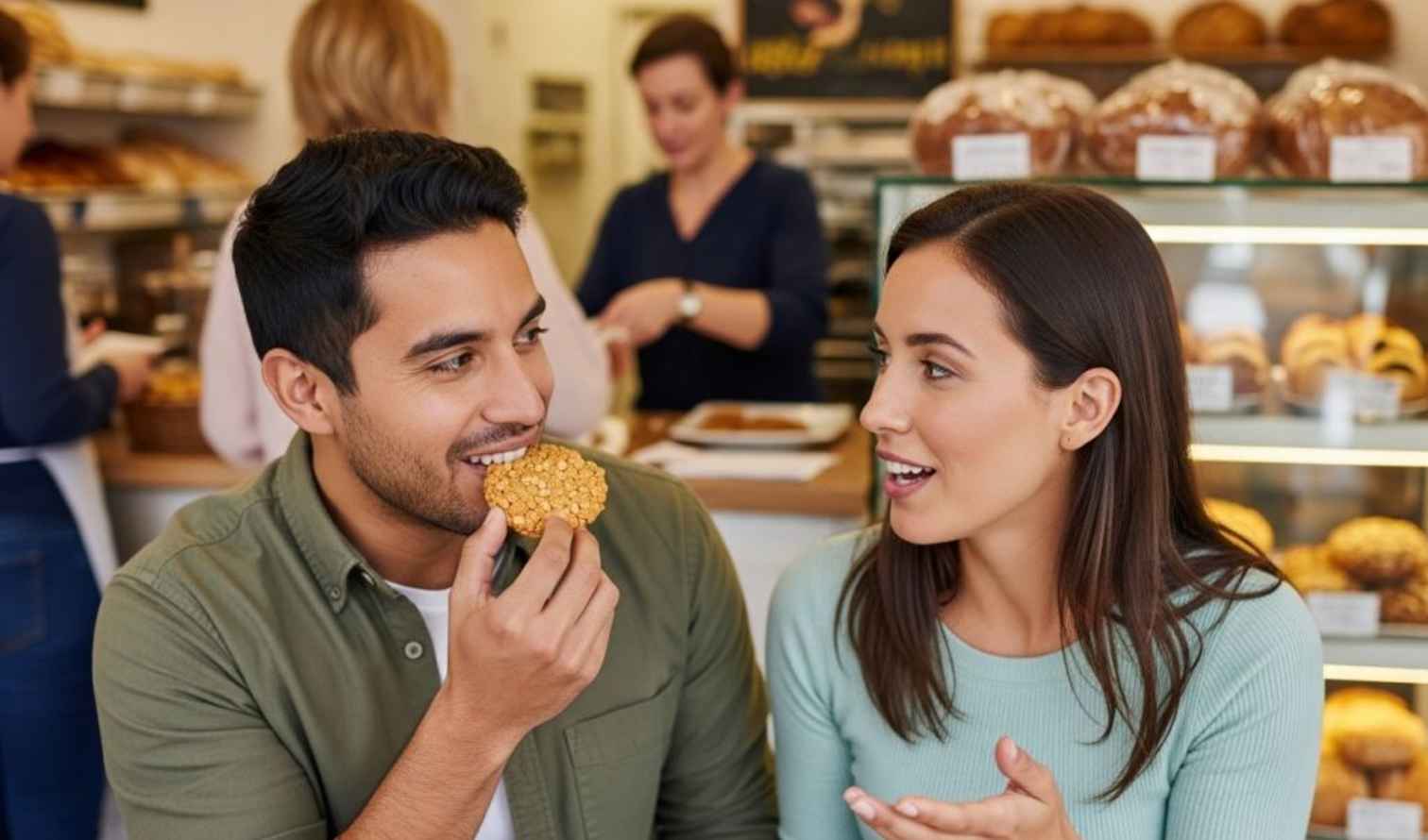 Two people sitting in a bakery, one eating a cookie in Brisbane