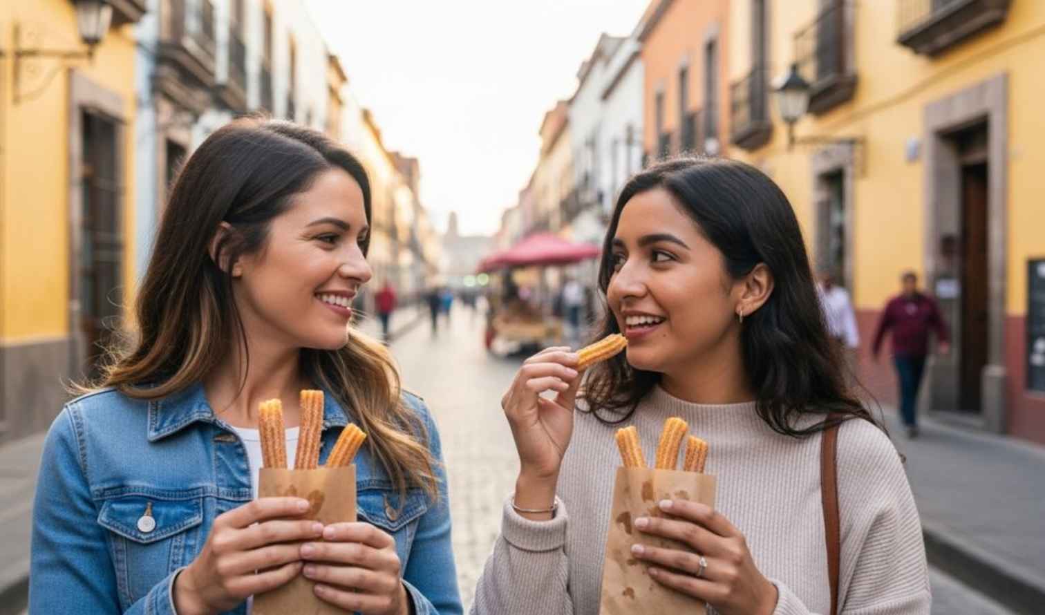 Two women eating churros on a street with colorful buildings in Guadalajara.