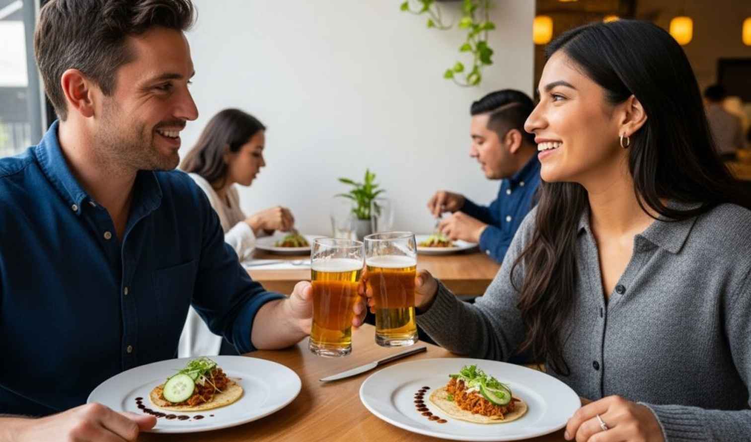 Two people dining at a restaurant, sharing tacos and beer in Guadalajara.