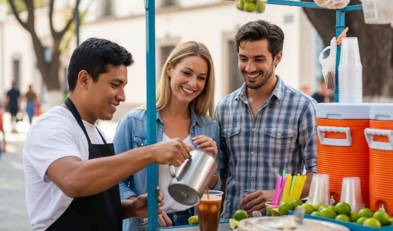 Street vendor serving drinks to two people in a city area in Guadalajara.