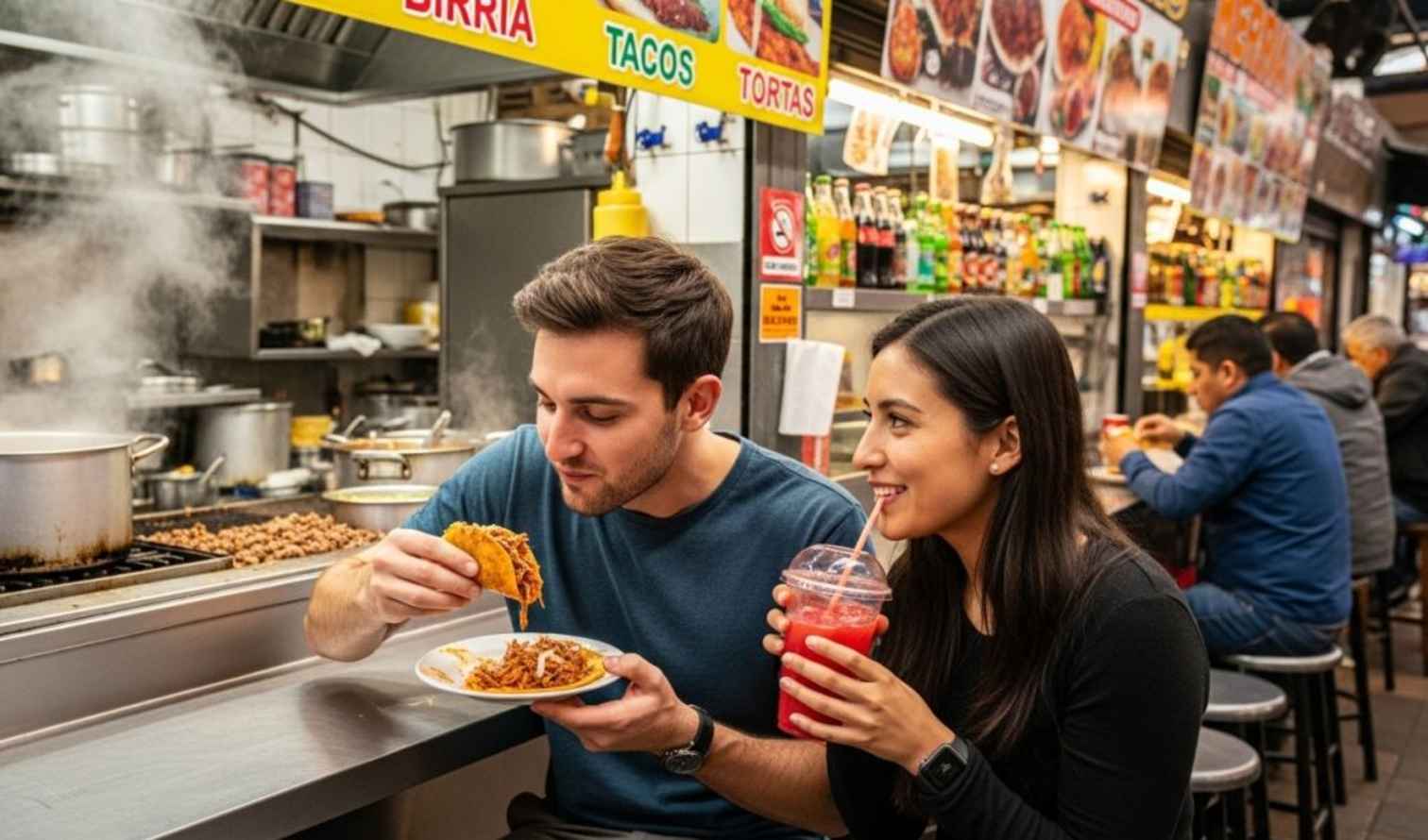 People eating tacos at a food stall with signs for birria, tacos, tortas in Guadalajara.