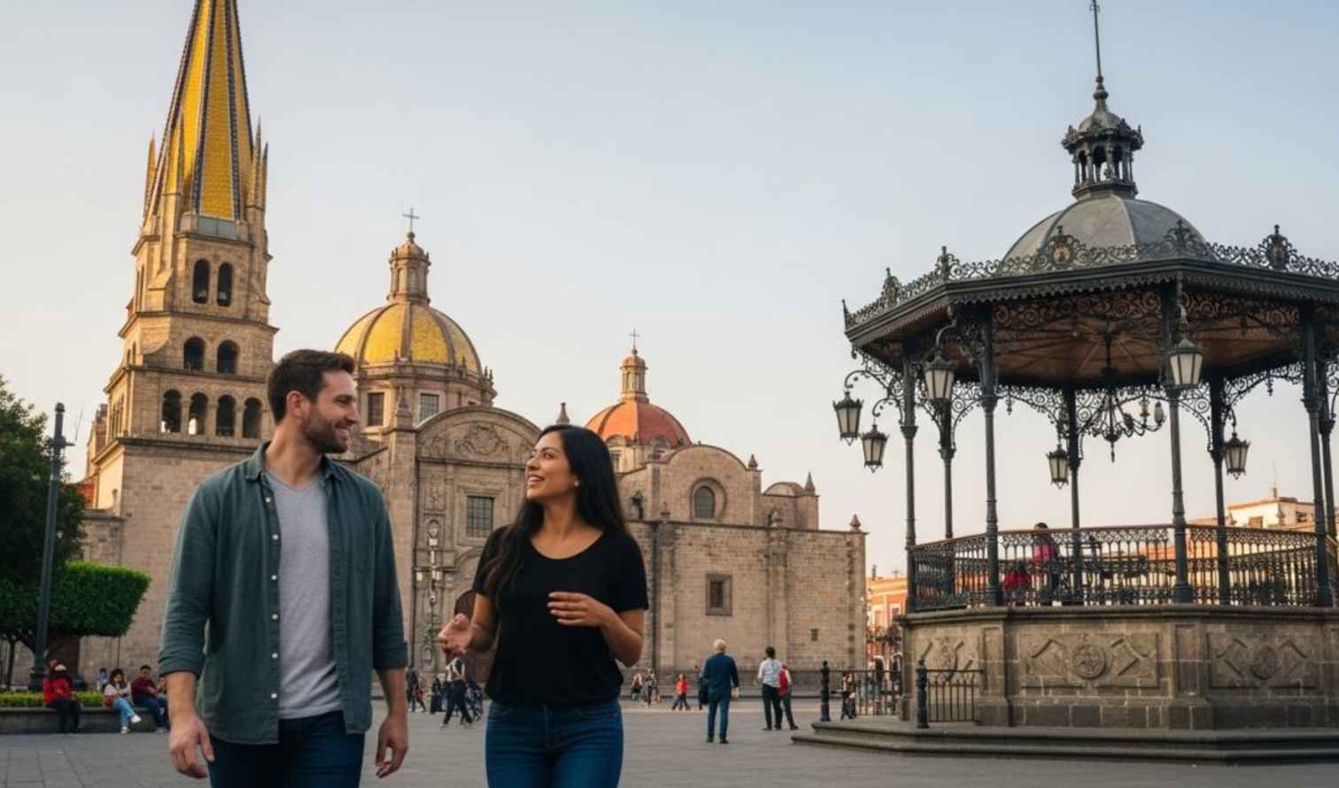 Two people walking near the Guadalajara Cathedral in Mexico.