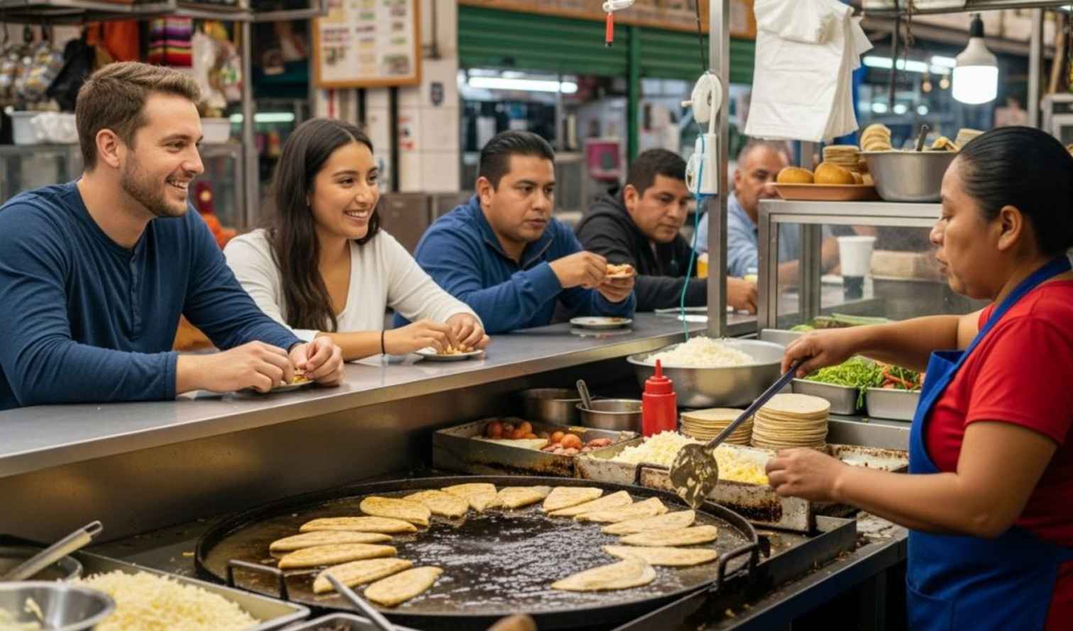 People eating at a food stall in a Mexican market in Guadalajara.