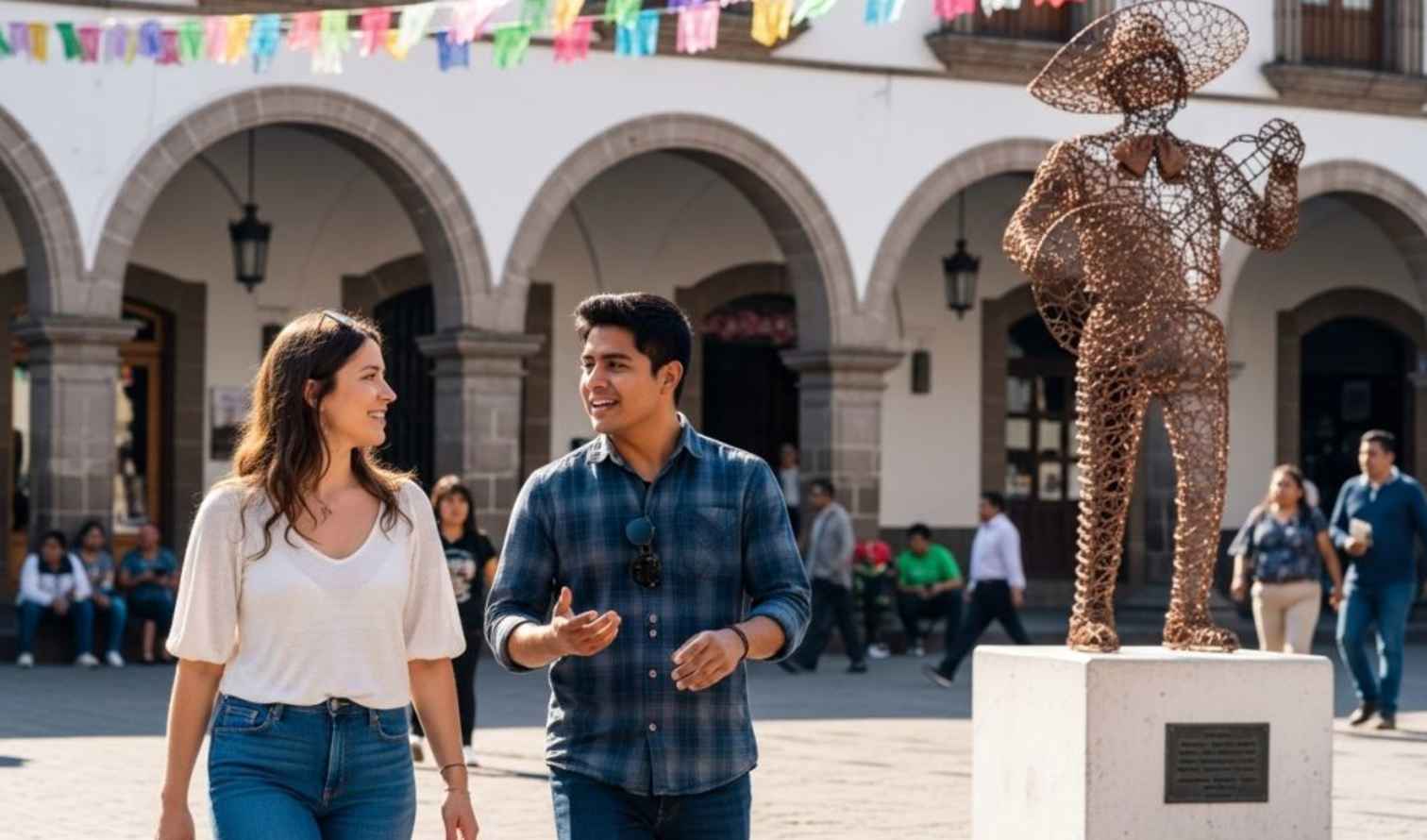 Two people walking near a statue in a Mexican plaza in Guadalajara.