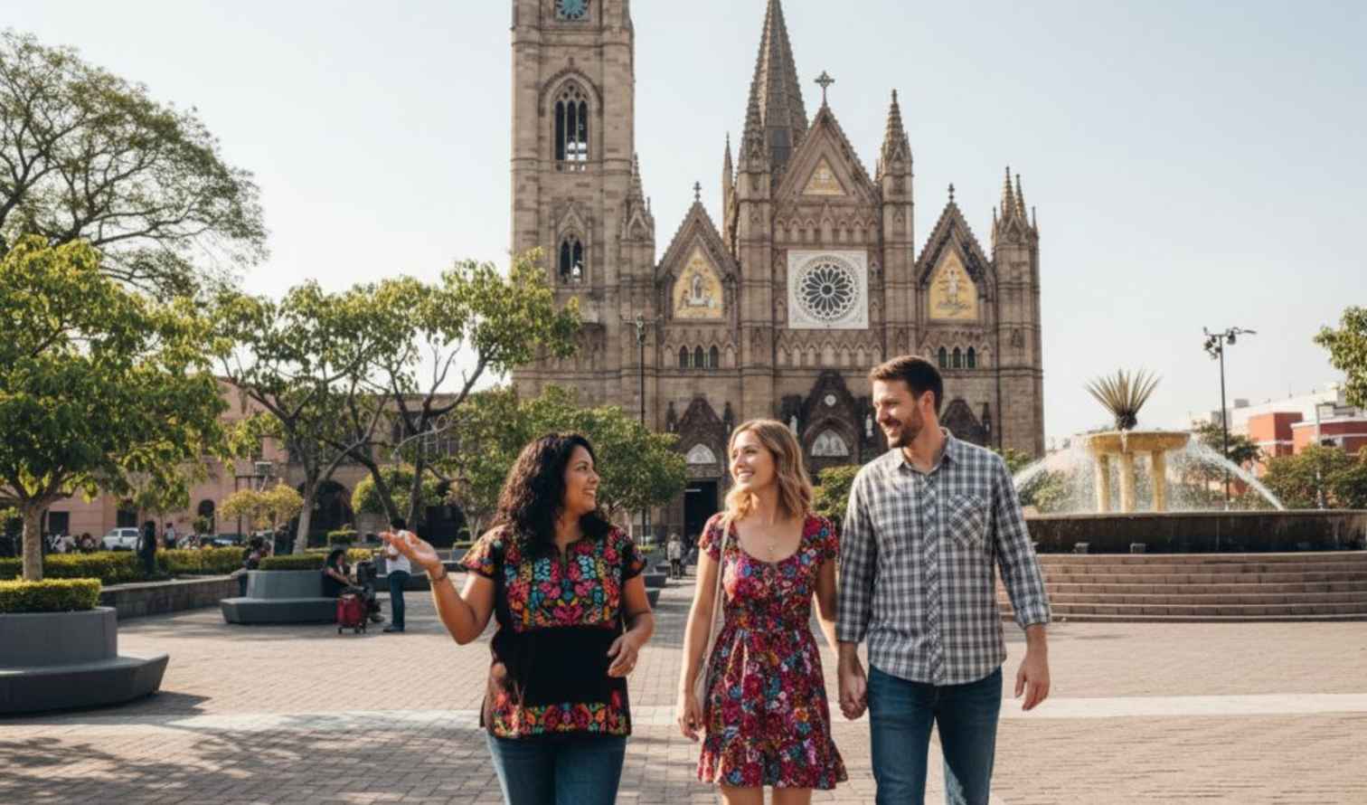 Three people walking in front of the Templo Expiatorio del Santísimo Sacramento in Guadalajara.