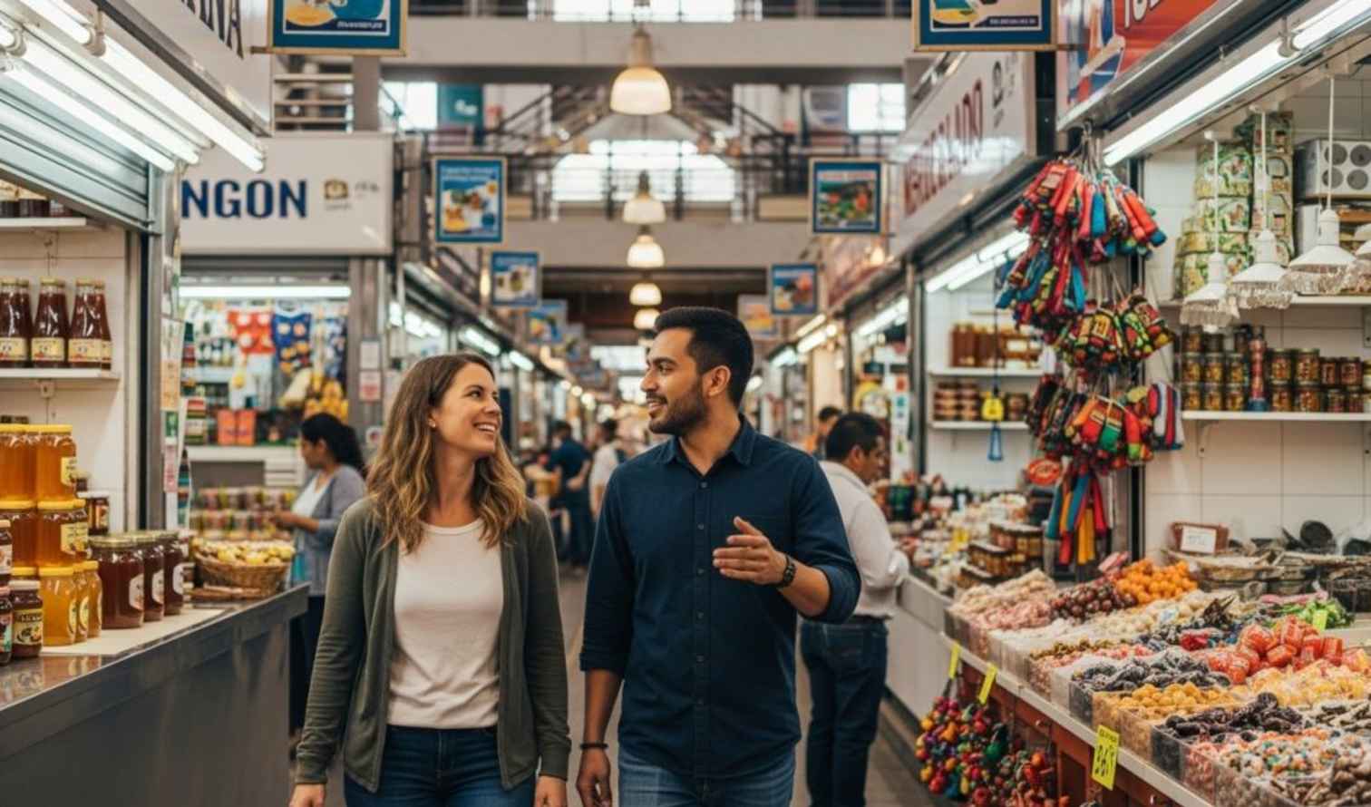 Couple walking through a market with various stalls and products in Guadalajara