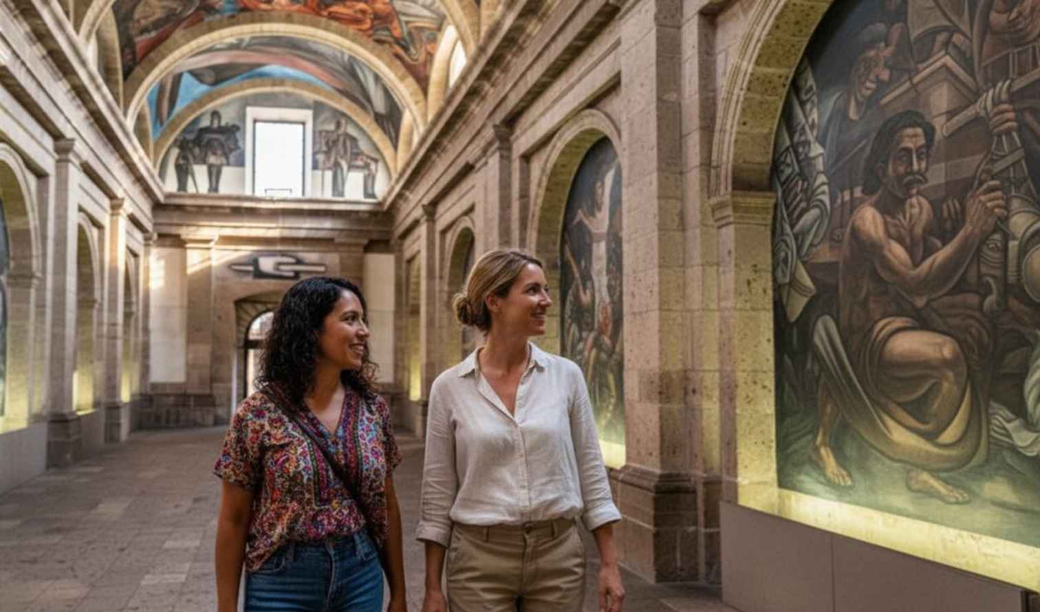 Two people walking inside Hospicio Cabañas, Guadalajara.