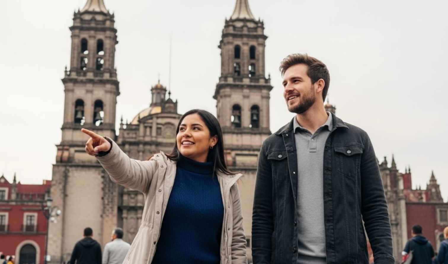 A couple stands in front of the Metropolitan Cathedral in Puebla