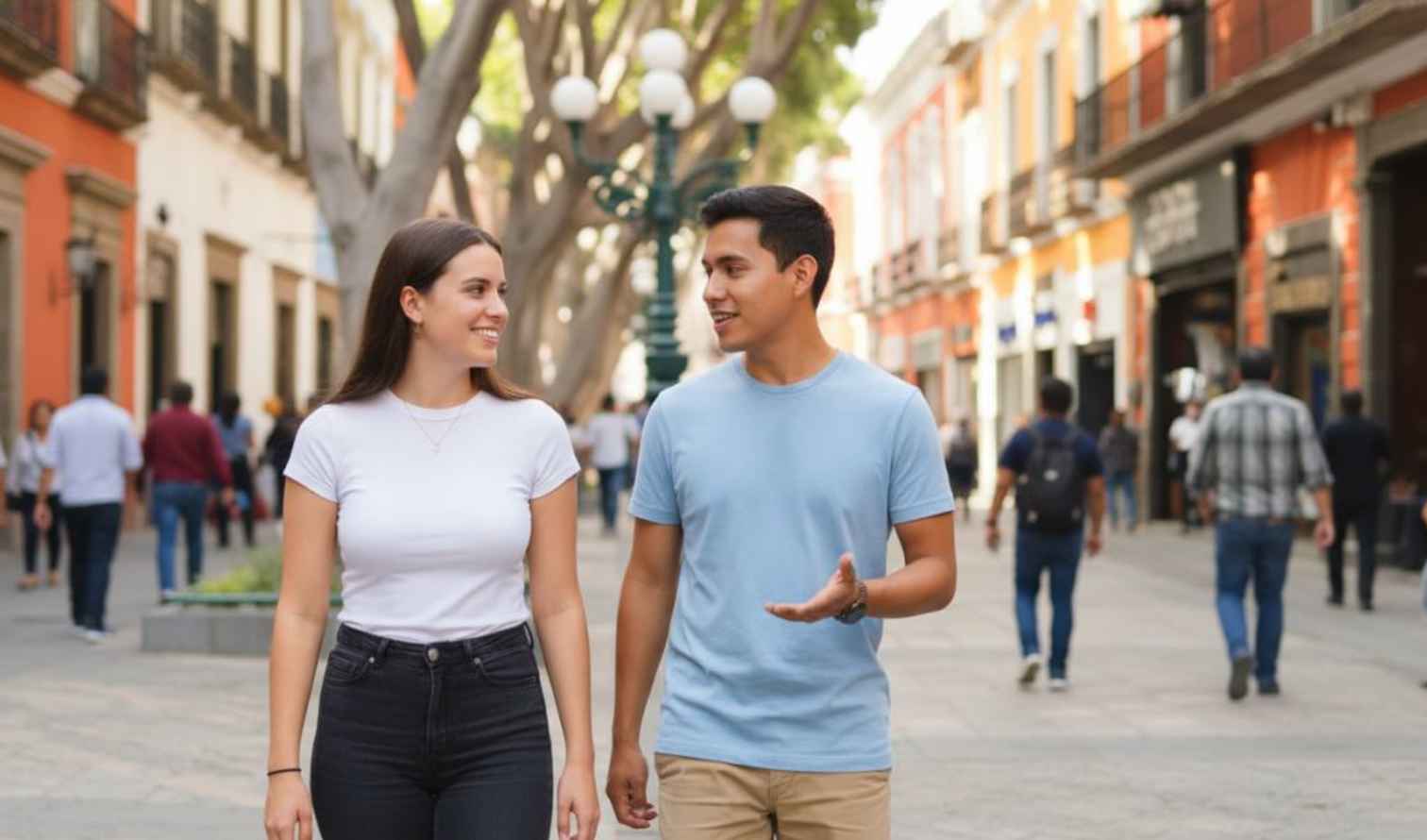 Two people walking on a pedestrian street  in Puebla
