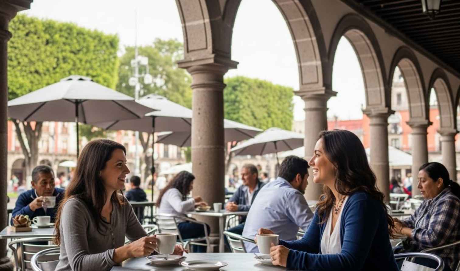 Two women in conversation at a cafe in Puebla, Mexico.