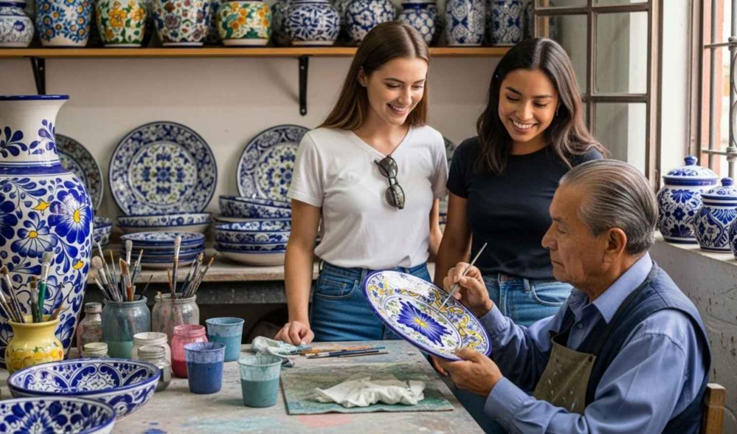 Artisan painting ceramic plate in a workshop with pottery on shelves in Puebla.
