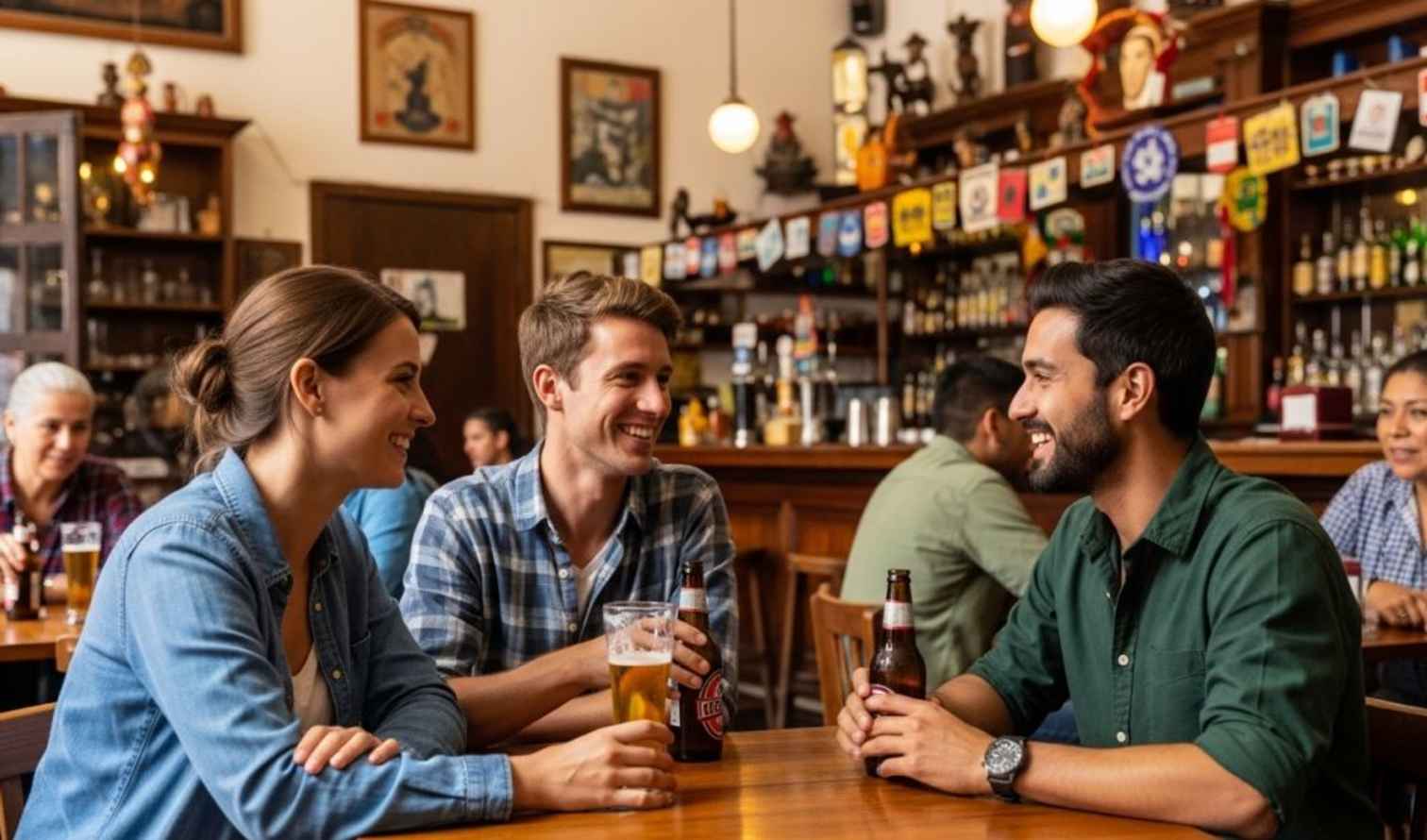 Three people at a table in a traditional pub with a stocked bar in Puebla