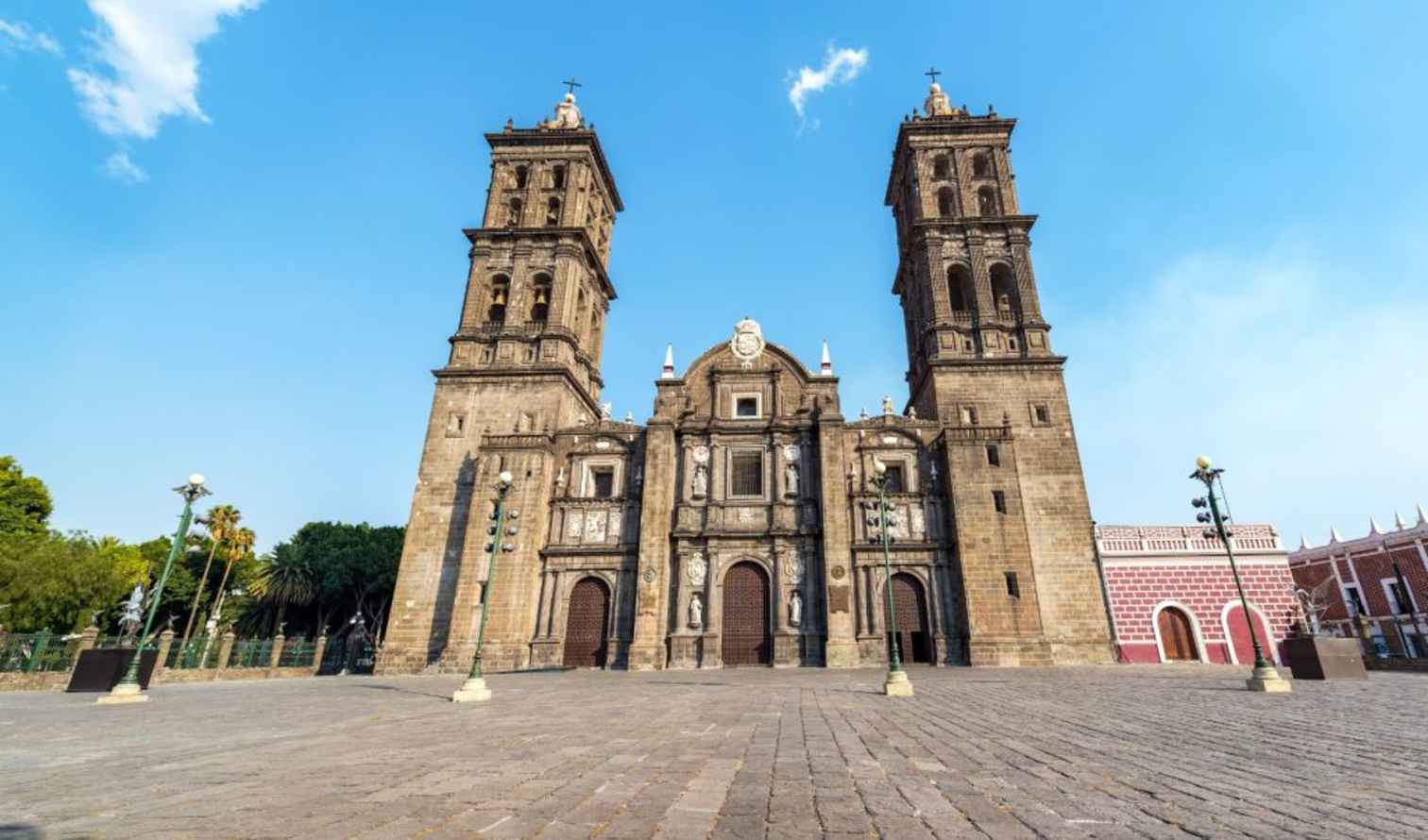 Puebla Cathedral with its two towers, seen from the main square.