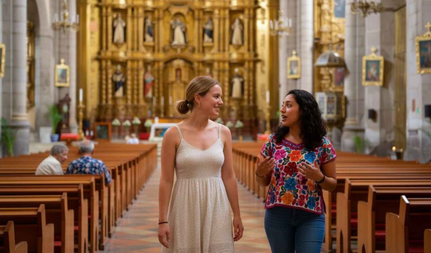Interior of a cathedral with two women walking and a golden altar in Puebla