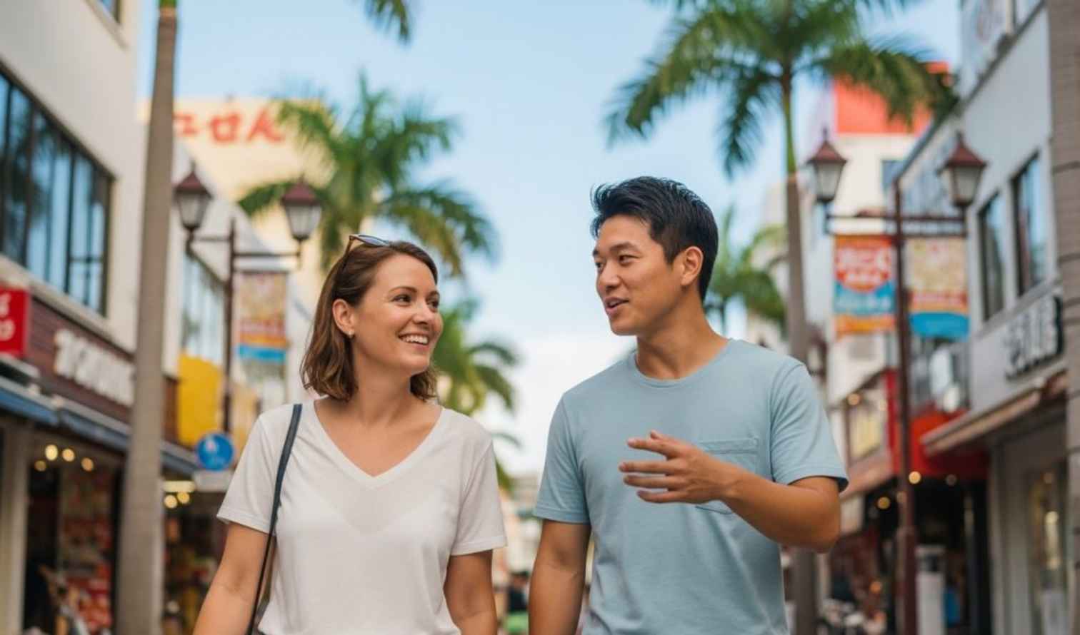 Two people walking on Kokusai Street lined with palm trees in Naha, Okinawa.