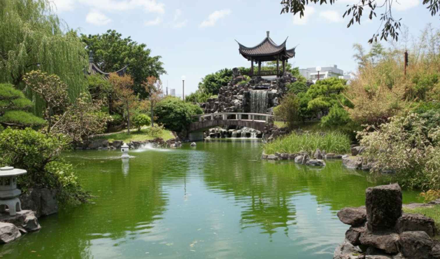 River with small waterfall and Chinese pavilion in the background in a public garden in Naha