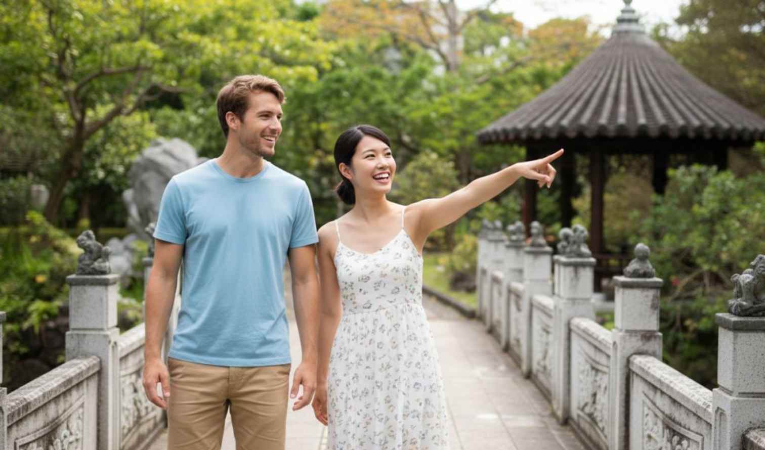 Couple walking on a stone bridge in a Chinese garden in Naha