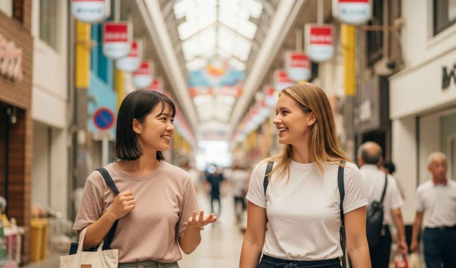 Two women walking through a covered shopping street in Naha