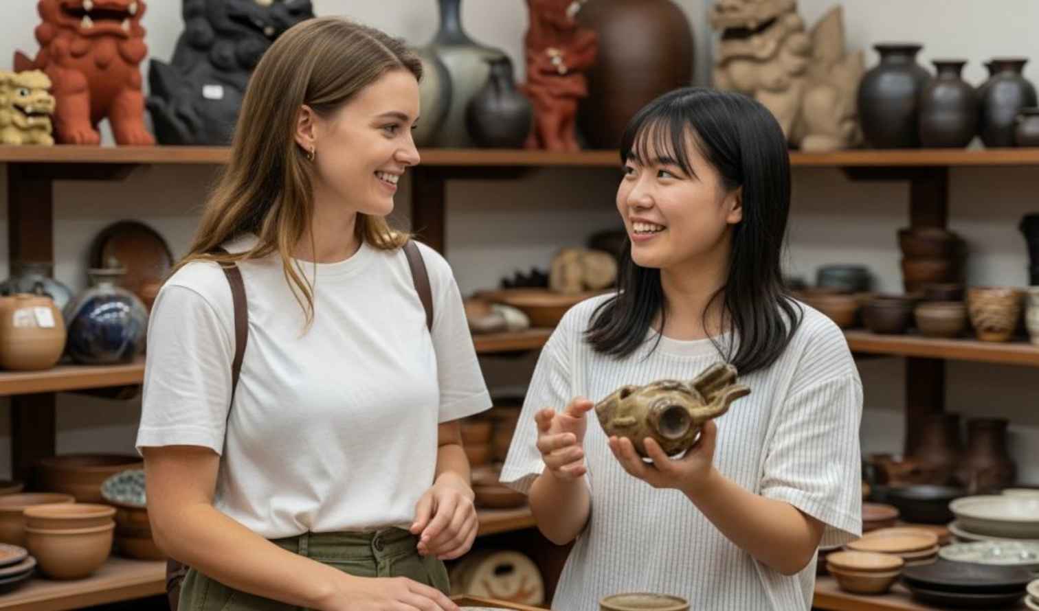 Two women looking at pottery inside a ceramics shop in Naha
