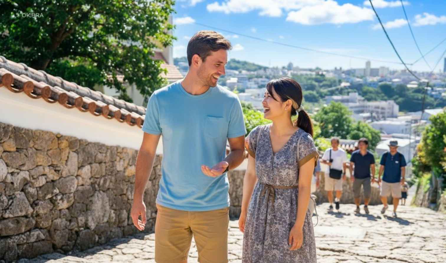 Two people walk up a cobblestone street near Shuri Castle in Okinawa.