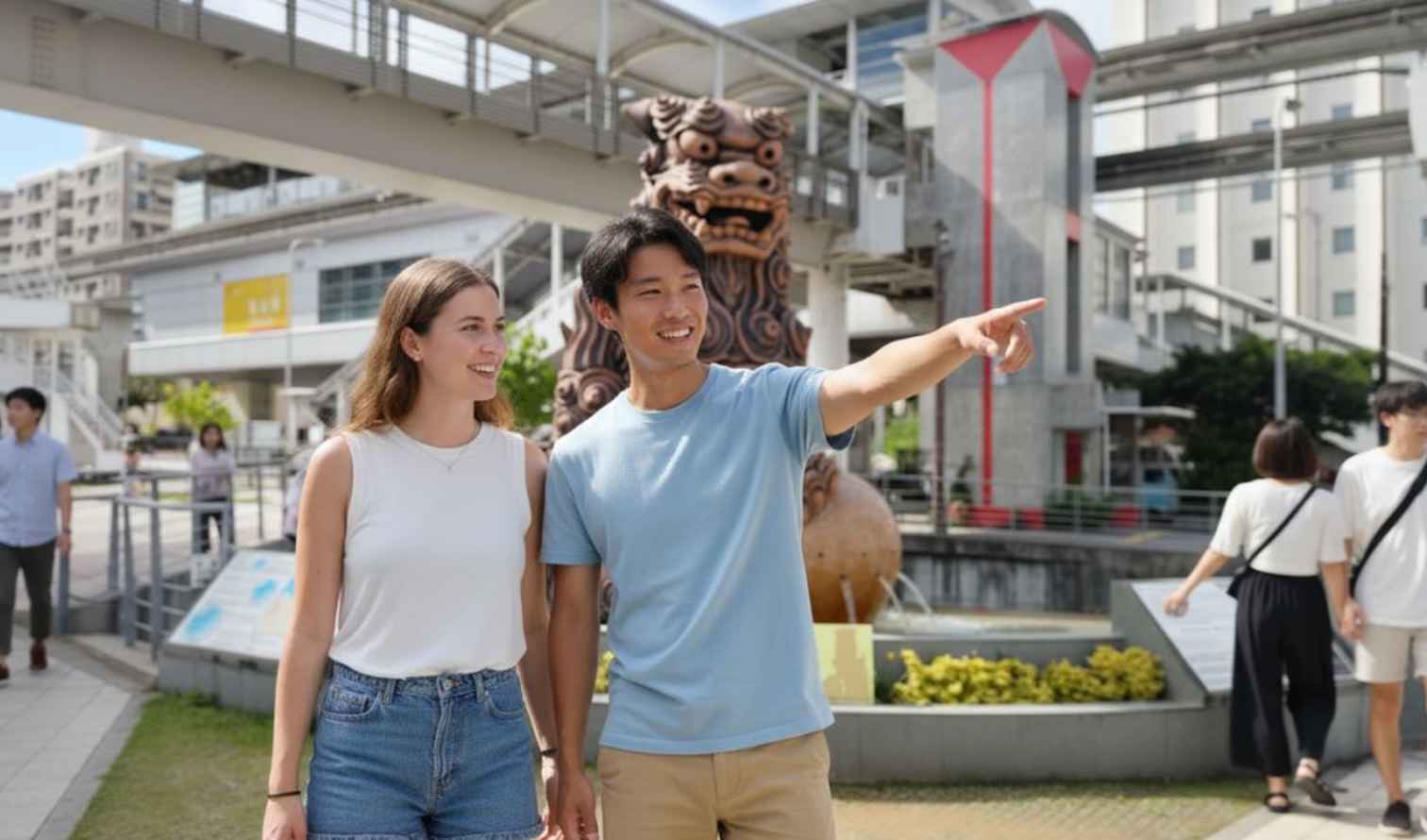 People walking near a sculpture at Mihama American Village, in Naha