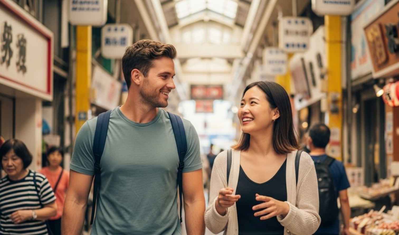 Two people walking in Nishiki Market, in Naha, surrounded by shops.