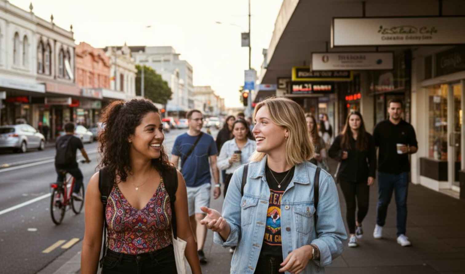 People walking on Chapel Street, Auckland, with shops in the background.