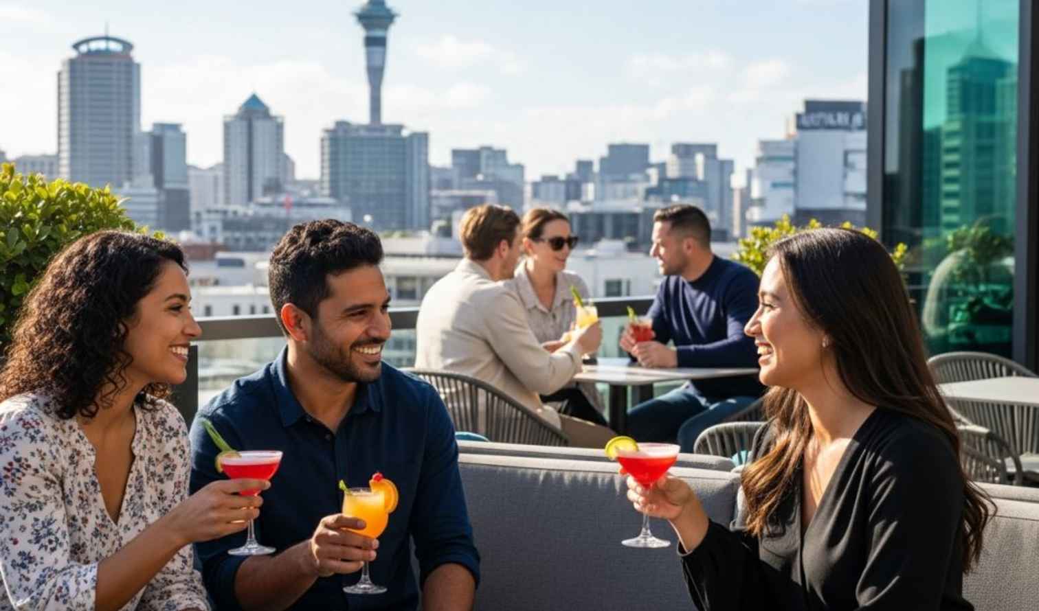 Three people enjoying drinks on a rooftop in Auckland with Sky Tower visible.