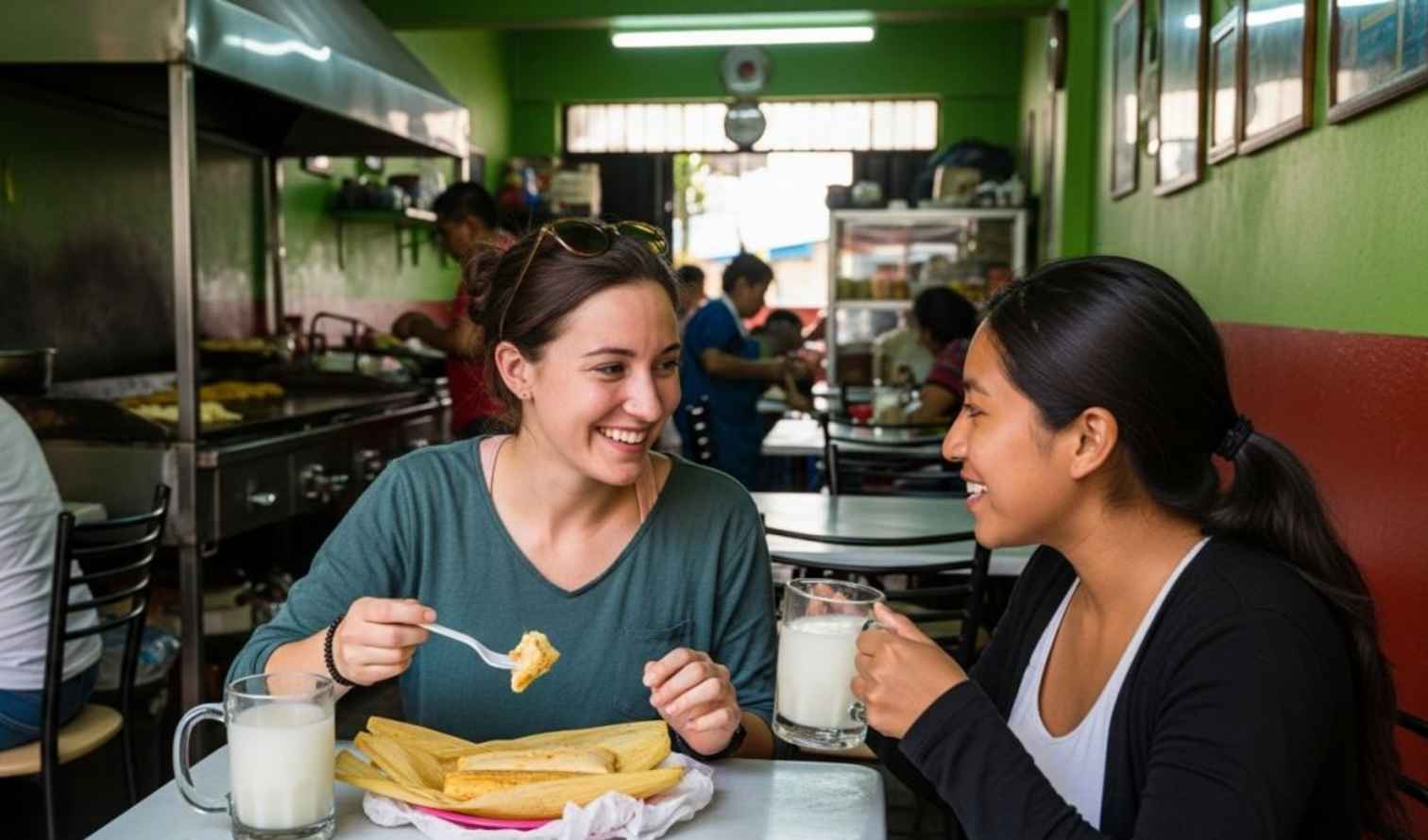 People dining indoors at a restaurant with wall art and visible kitchen area in Puebla