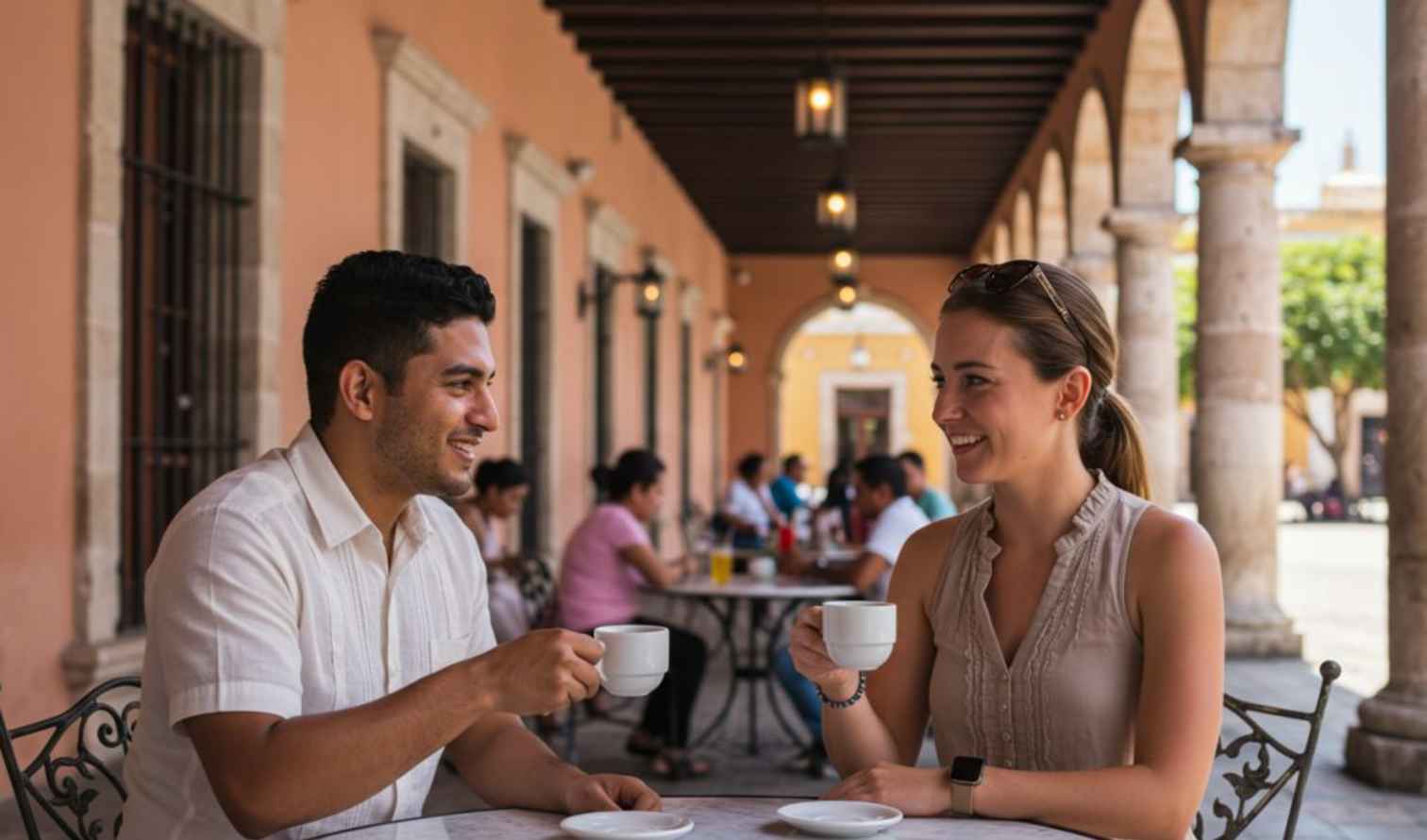 Couple enjoying beverages under a colonnade in a Mexican plaza in Merida