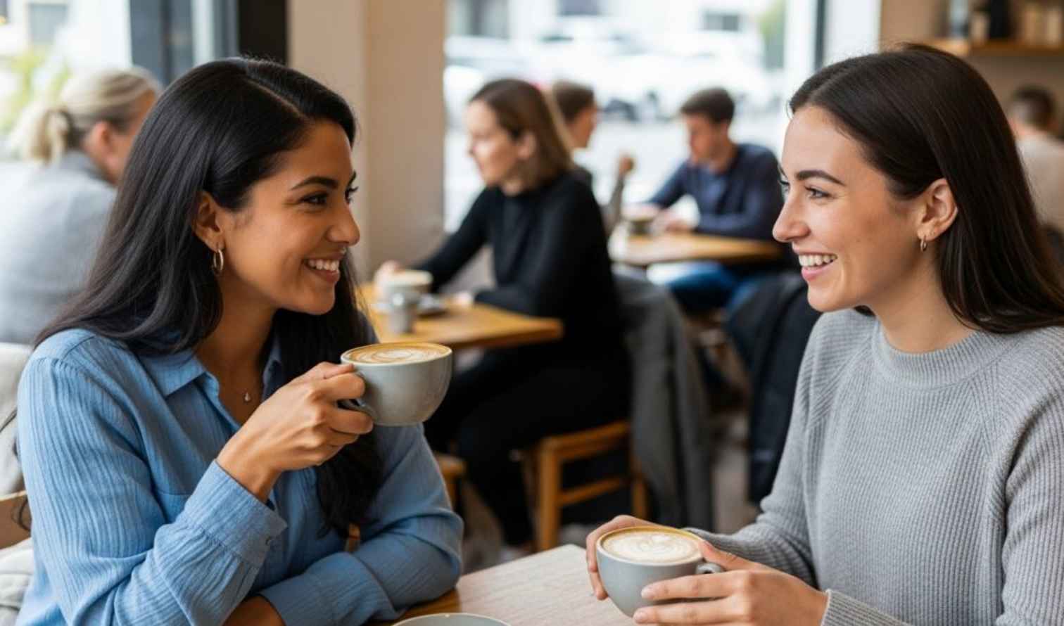 Two women chatting over coffee in a café in Auckland