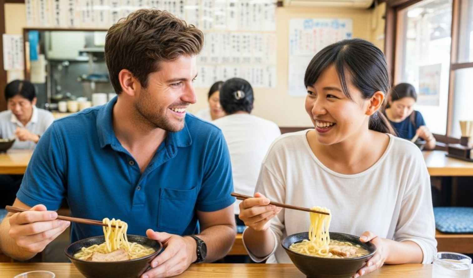A man and woman having noodles at a table in Naha