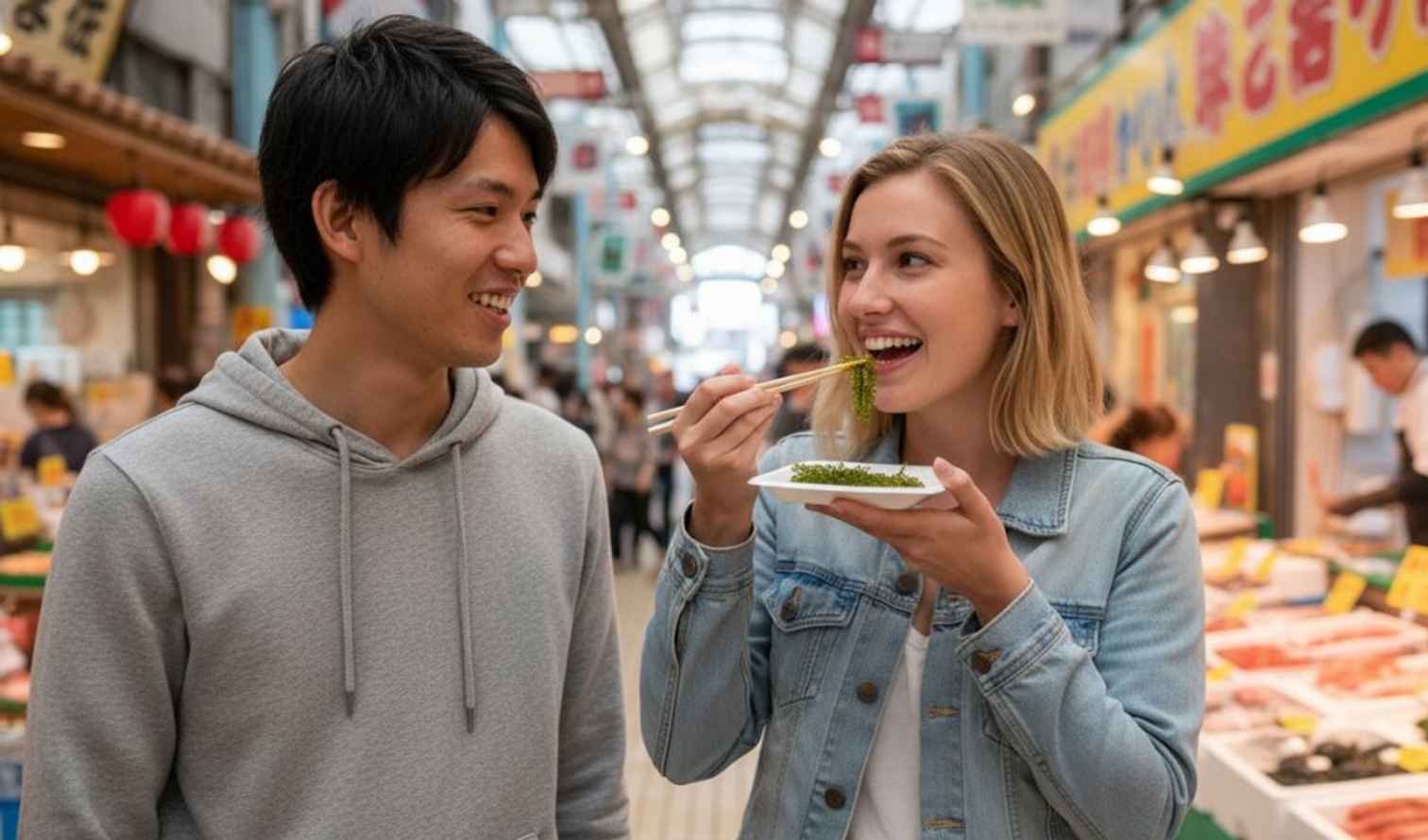 Two people eating at Kuromon Ichiba Market, in Naha