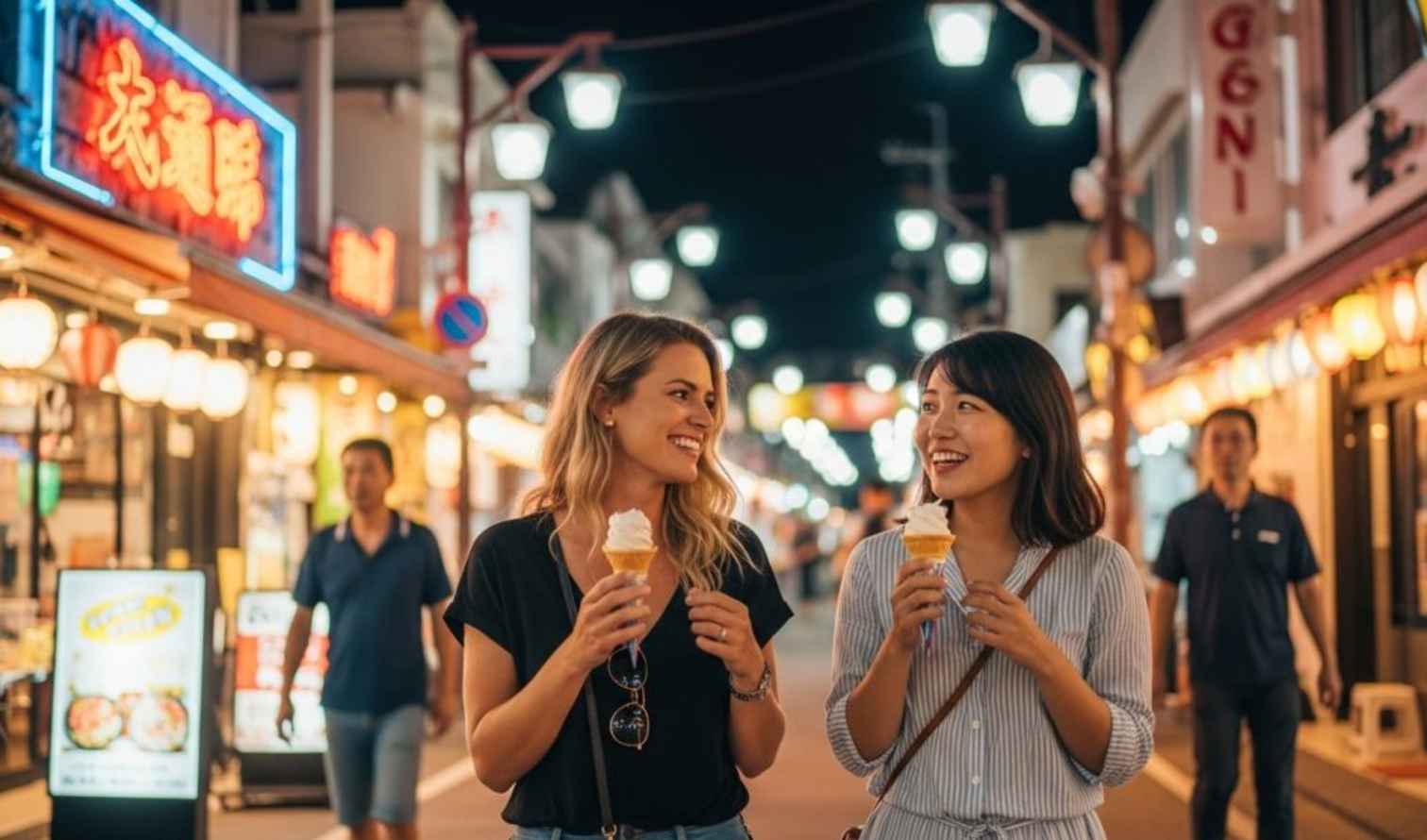 Pedestrians enjoying ice cream under streetlights in Naha