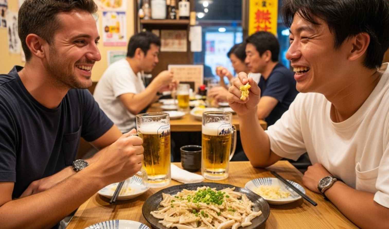 Two men sharing a meal at a casual restaurant in Naha