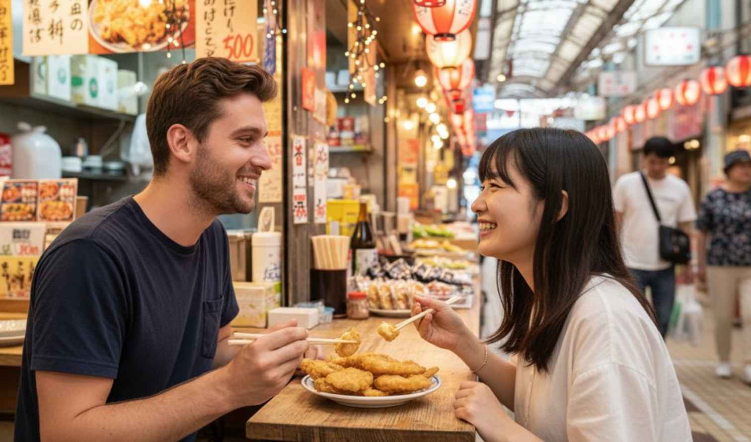 A man and woman eating with chopsticks in a covered market in Naha.