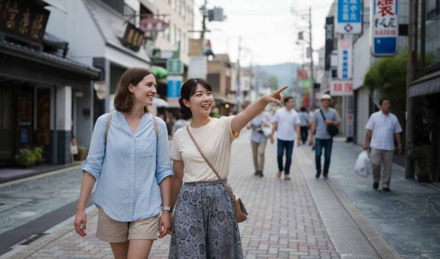 Two women walking on a street with Japanese signage in Nara