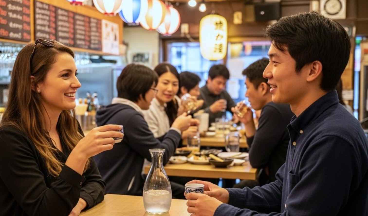 People dining at a Japanese izakaya restaurant with hanging lanterns in Nara