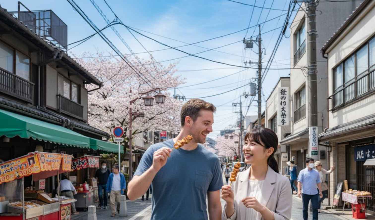 A man and woman eating skewers on a street in Nara