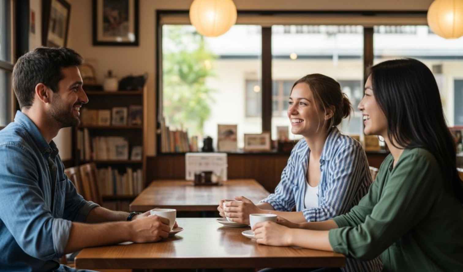 Three people seated at a wooden table in a cafe, drinking coffee in Nara