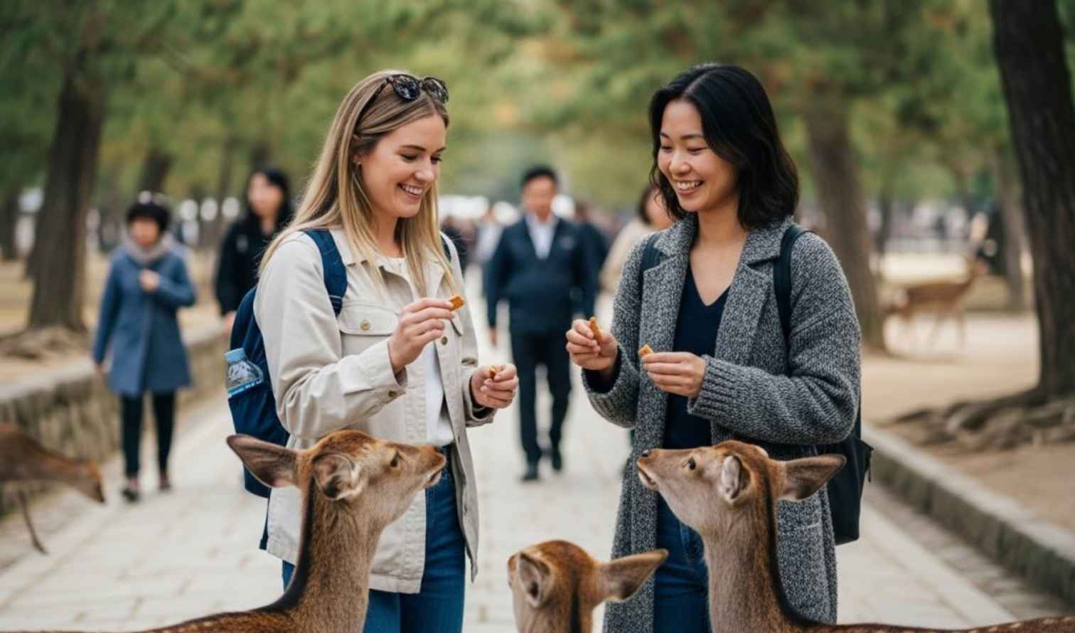 Two women feeding deer in Nara Park, Japan, smiling as they hold snacks.