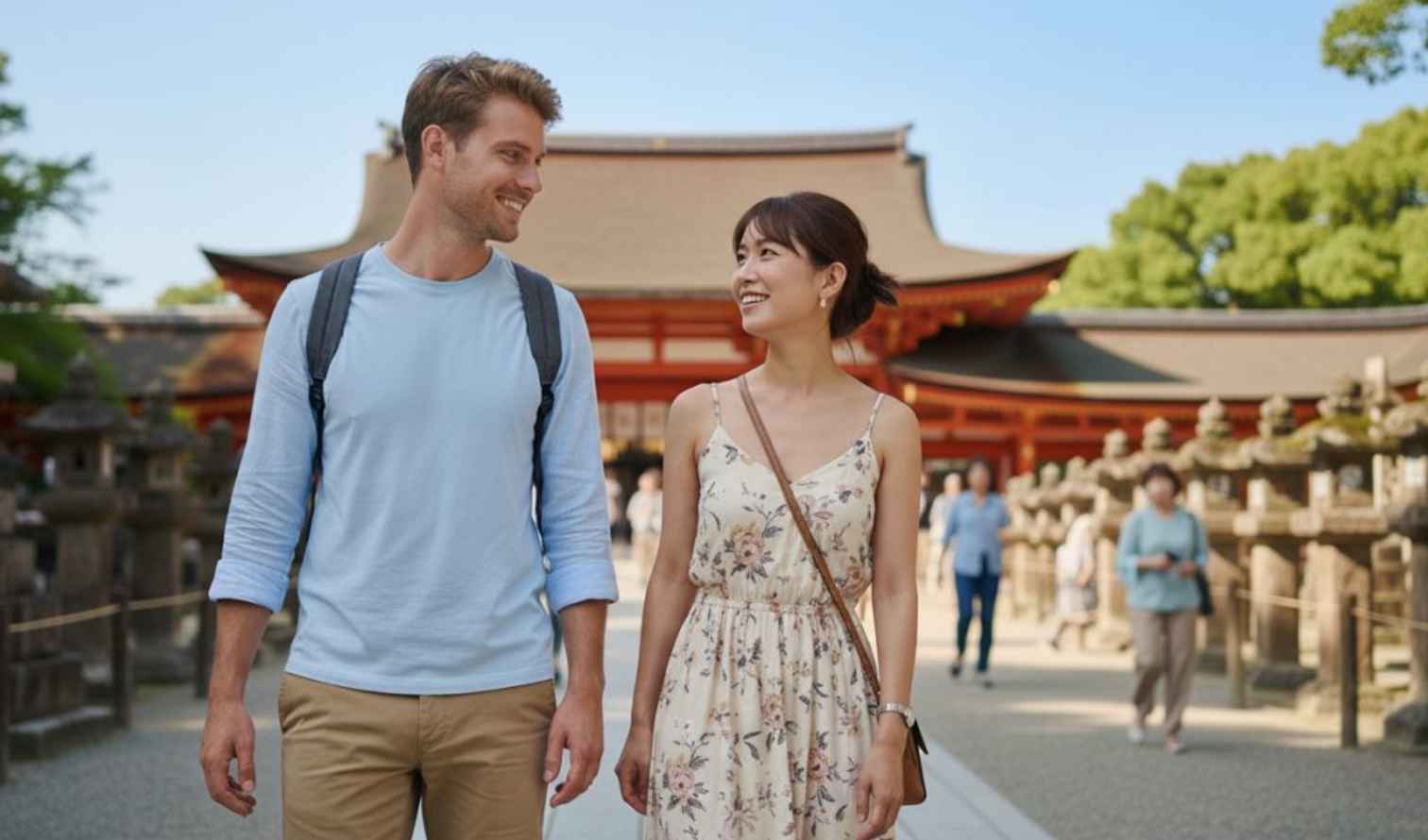 Man and woman walking along a path lined with stone lanterns in Nara