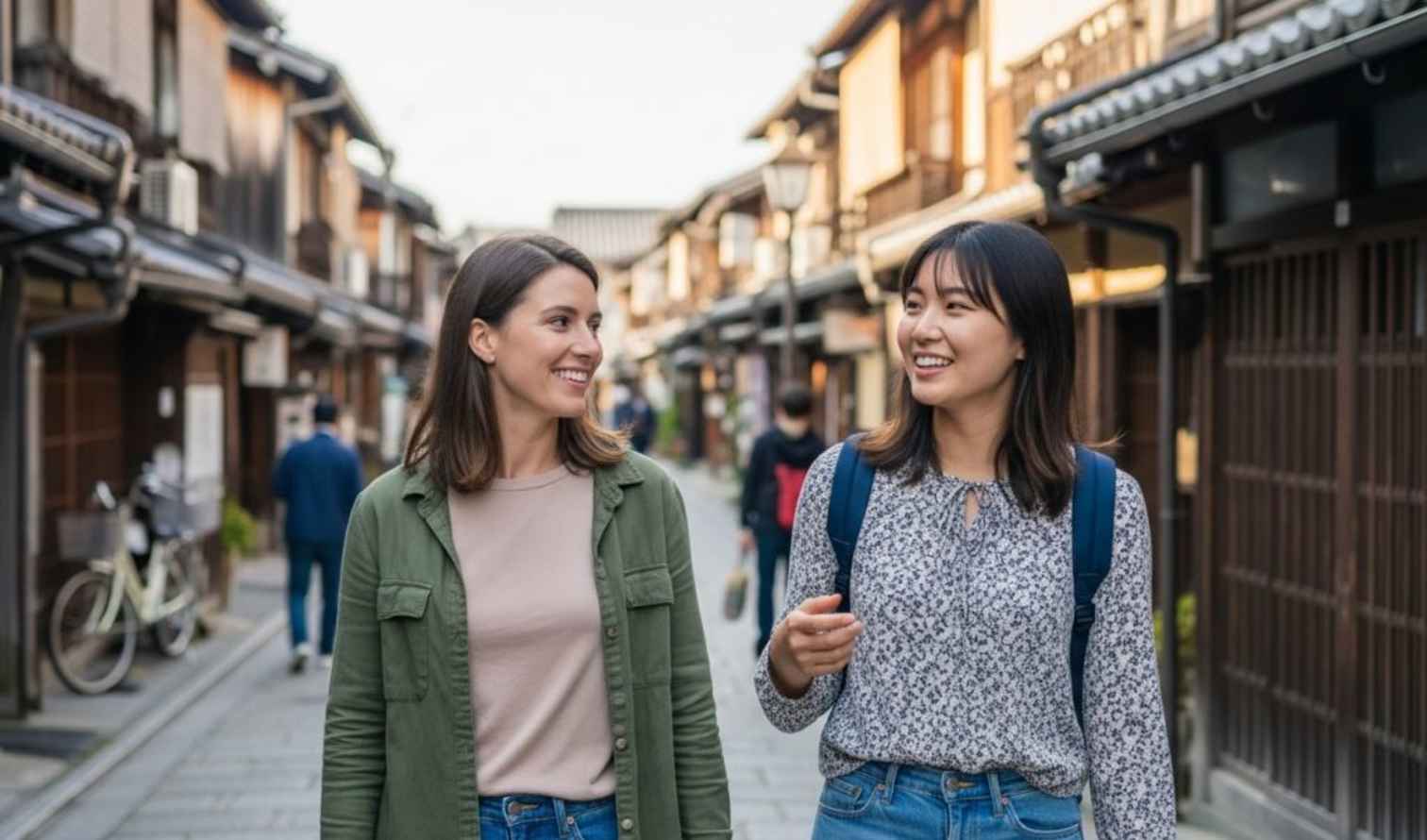 Two women walking on Ninenzaka Street, Nara, with traditional wooden buildings.