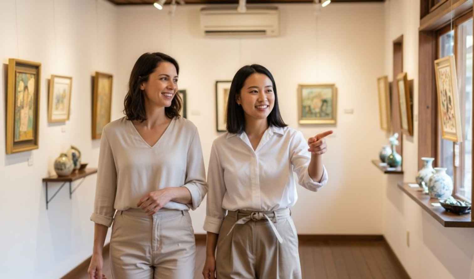 Two women walking in an art gallery with paintings on the walls in Nara