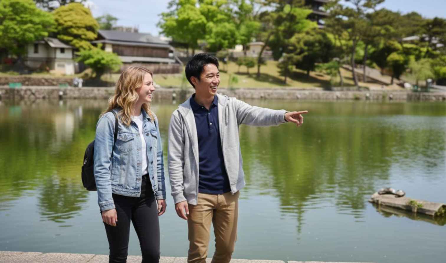 Two people walking by the Sarusawa Pond in Nara, Japan.