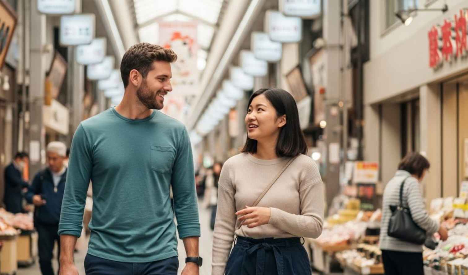 Two people walking in a covered shopping arcade with signs in Nara