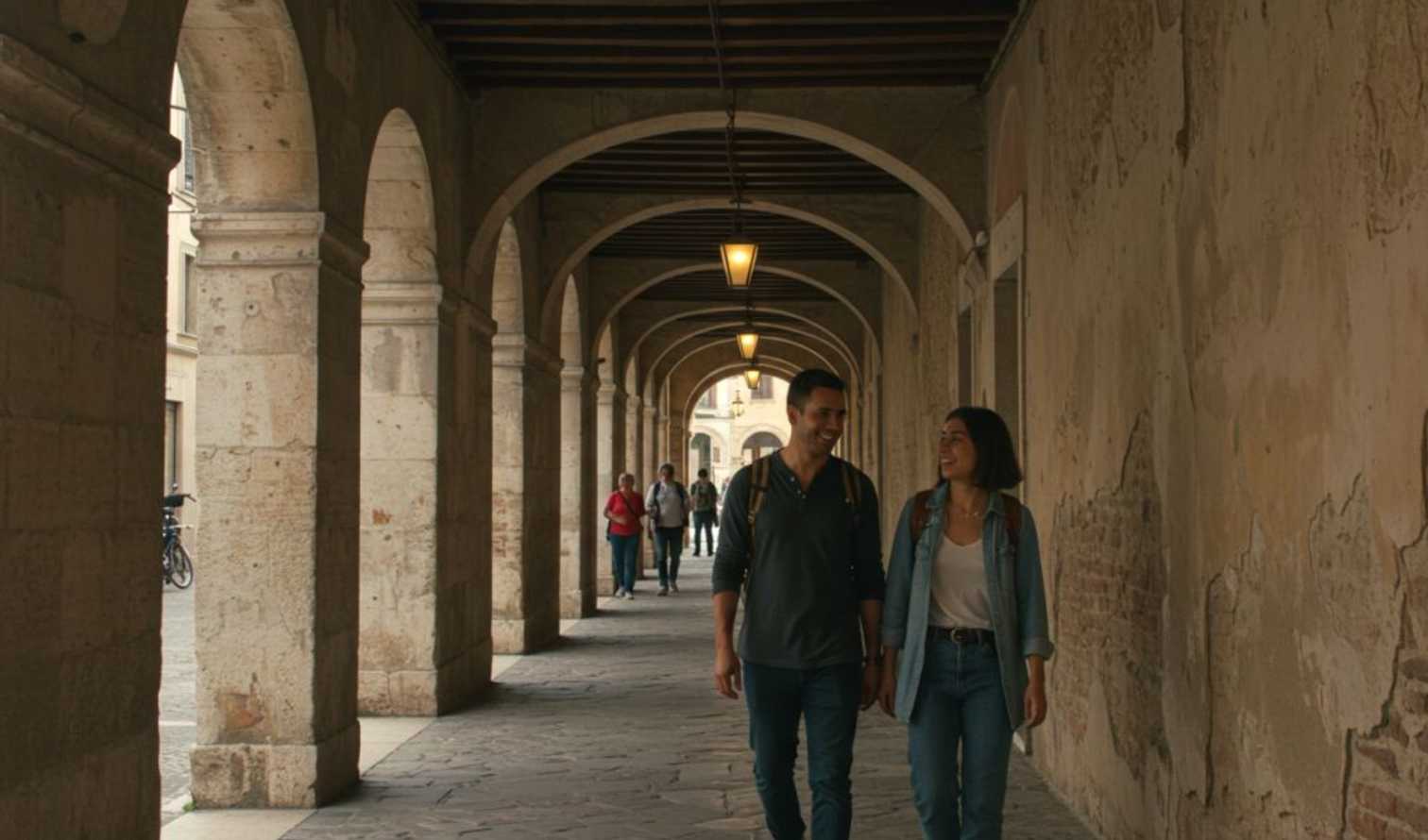 photograph,wall,arch,standing,pedestrian,arcade,vault,travel,concrete,column,vacation,walking