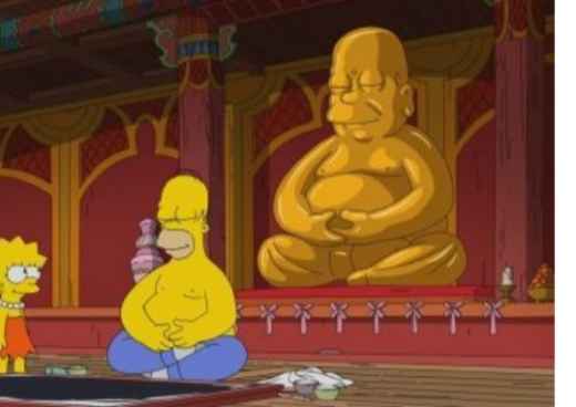 Cartoon figures standing and sitting on a wooden floor inside a decorated hall.