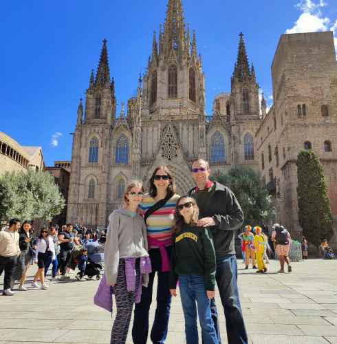 Group of people in front of Barcelona Cathedral.